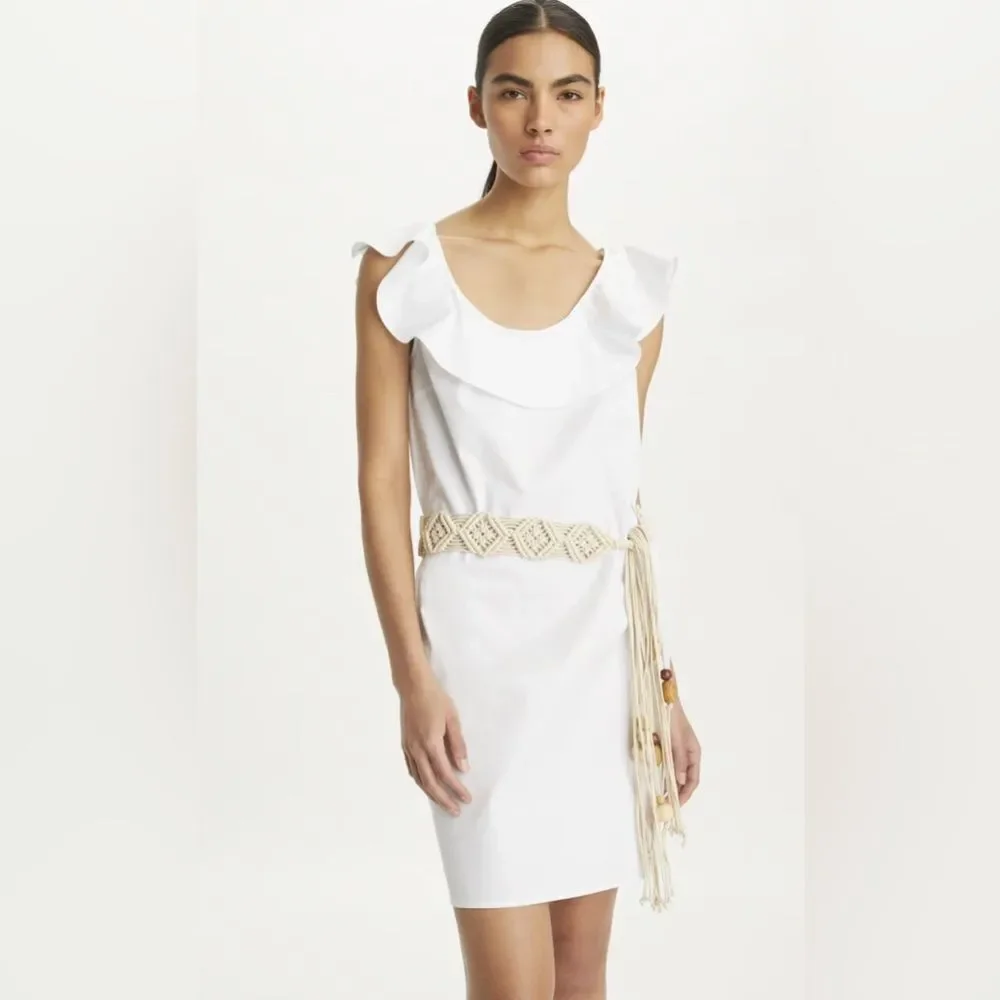 Tory Burch NWOT White flounce Dress with Woven Belt  size 2